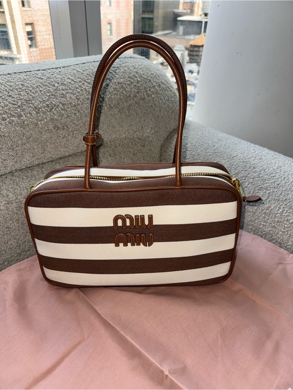 Miu Miu Canvas Calfskin Striped Large Beau Top Handle Bag Naturale Brandy